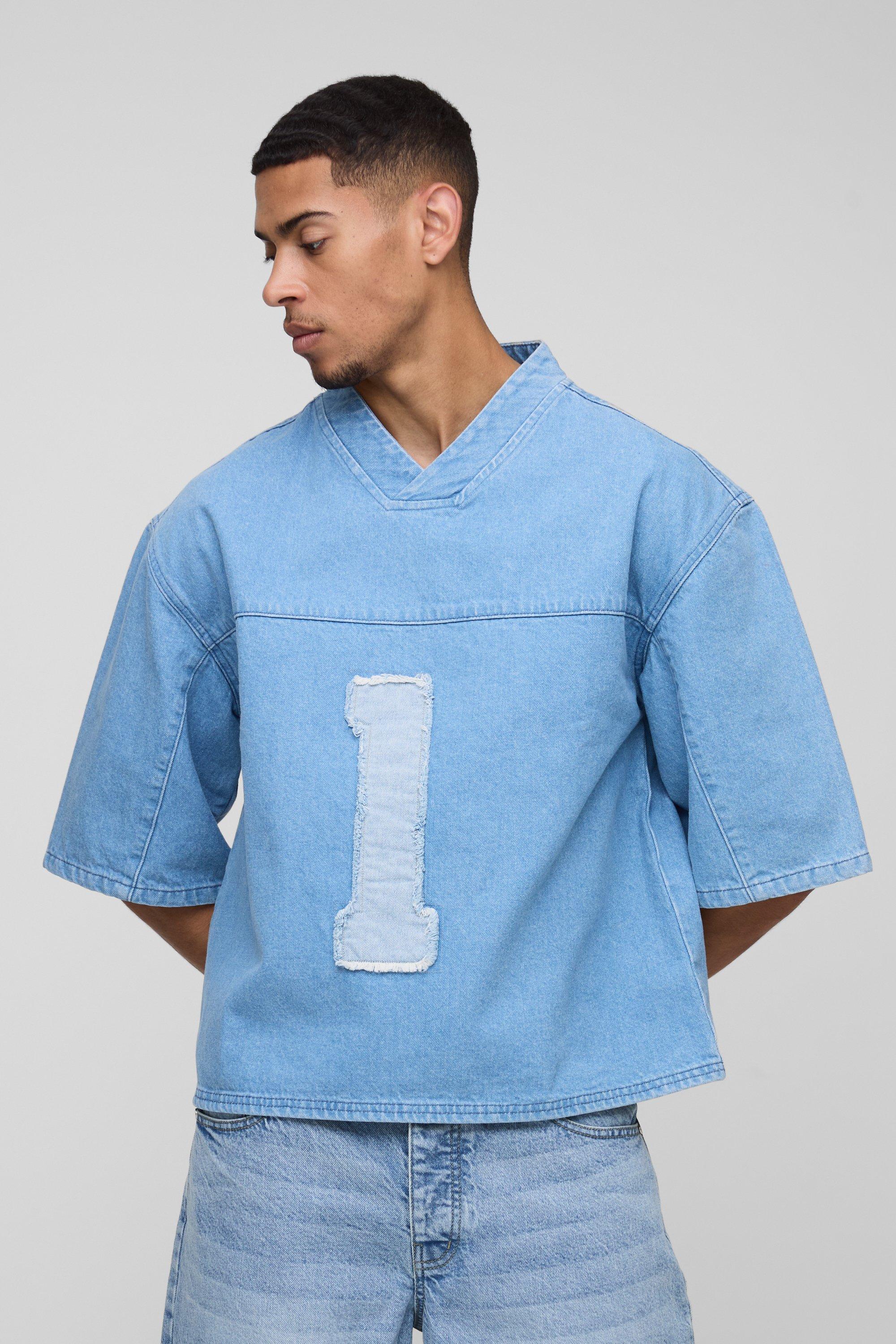 Mens Blue Oversized Boxy Denim V Neck Applique Football Top, Blue